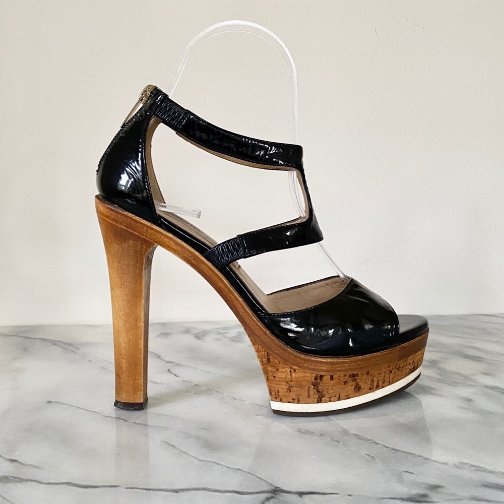 JIMMY CHOO Black Patent Leather Wooden Platforms